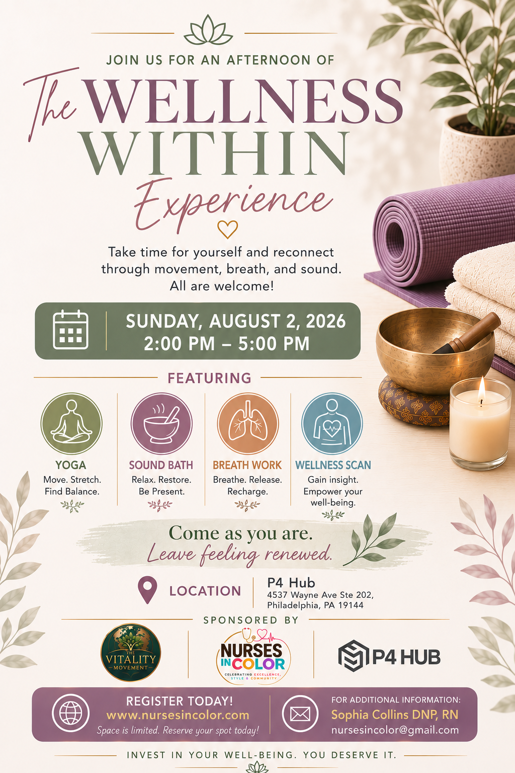 The Wellness Within Experience flyer — Sunday, August 2, 2026 at P4 Hub, Philadelphia
